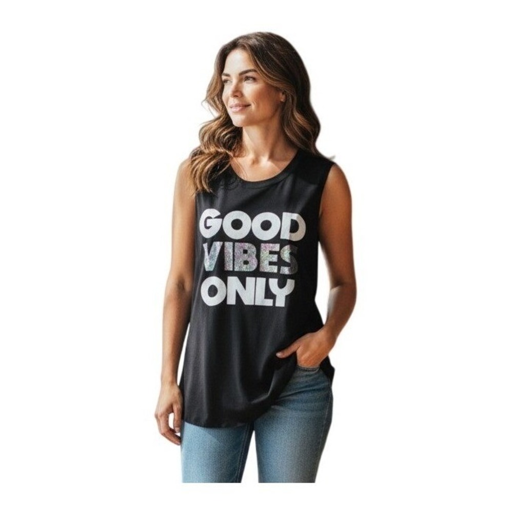 Miken Good Vibes Only Graphic Tank Top Black Knit Sleeveless Crewneck M